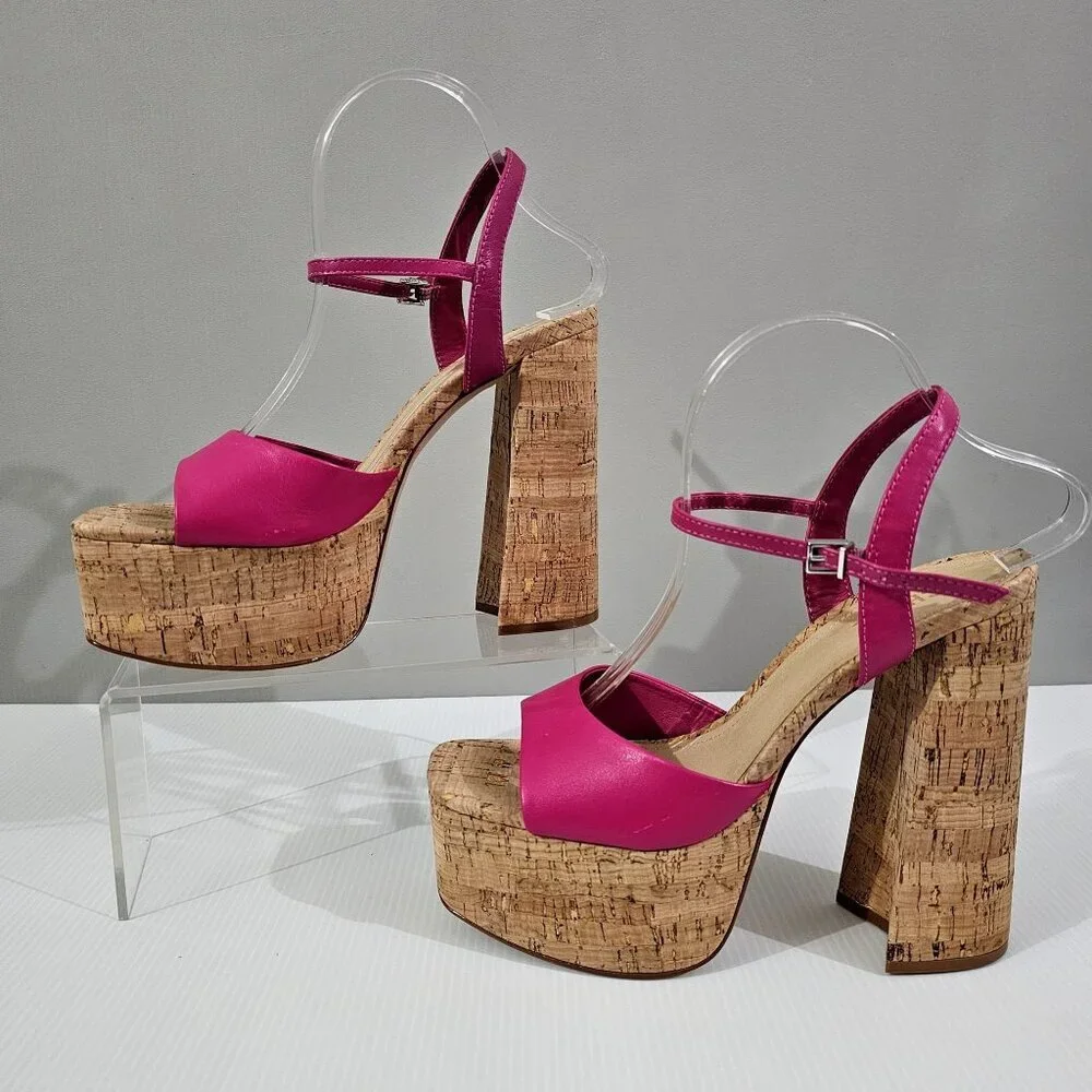 Schutz Glayce Platform Cork Block Heel Sandal Womens 9.5 Hot Pink Leather Chunky